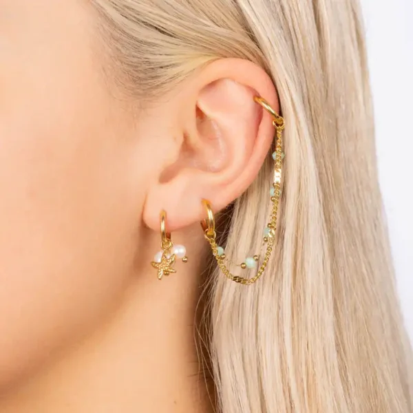 Longues boucles d'oreilles dorées Beads Chain 2-Layer Dottilove en acier inoxydable avec perles nacrées et cristaux scintillants, 8 cm - Les Trésors d'Emma 974 Réunion.