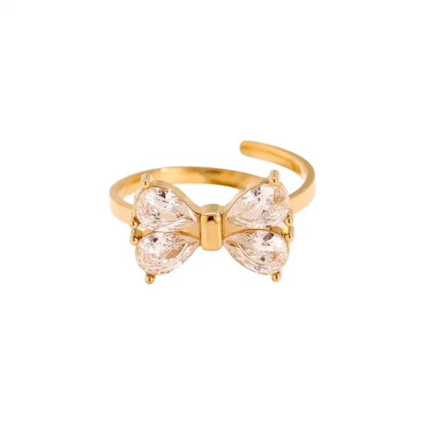 Bague Fancy Diamond Bowtie Dottilove - Bijouterie en ligne Réunion - Bague nœud en strass brillants et acier inoxydable doré